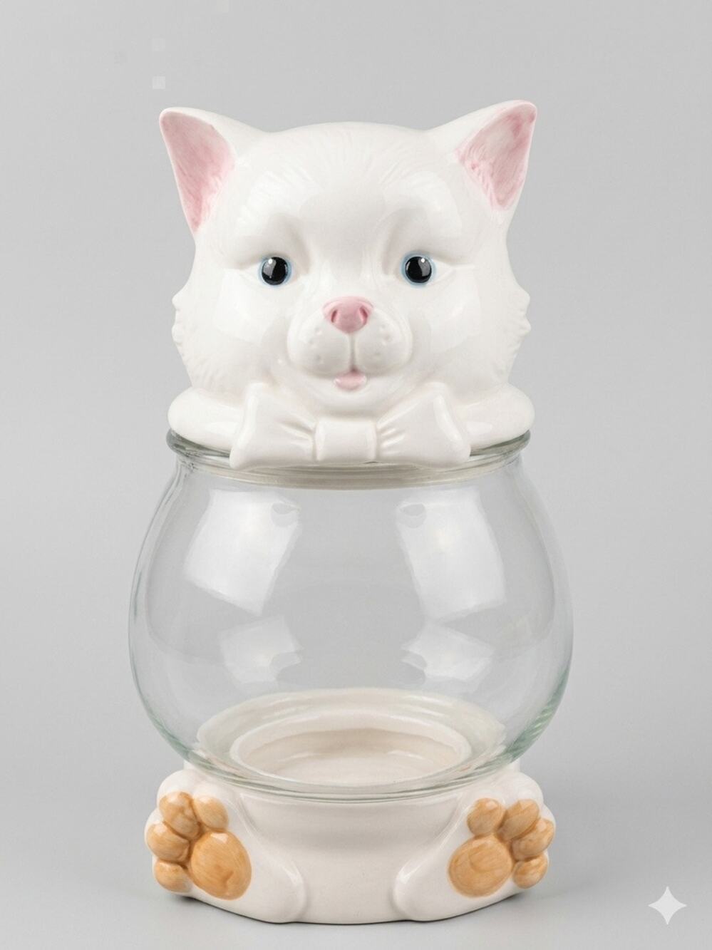 Vintage Ceramic White Cat Glass Body Cookie Jar In Box Retro Kitchen Canister